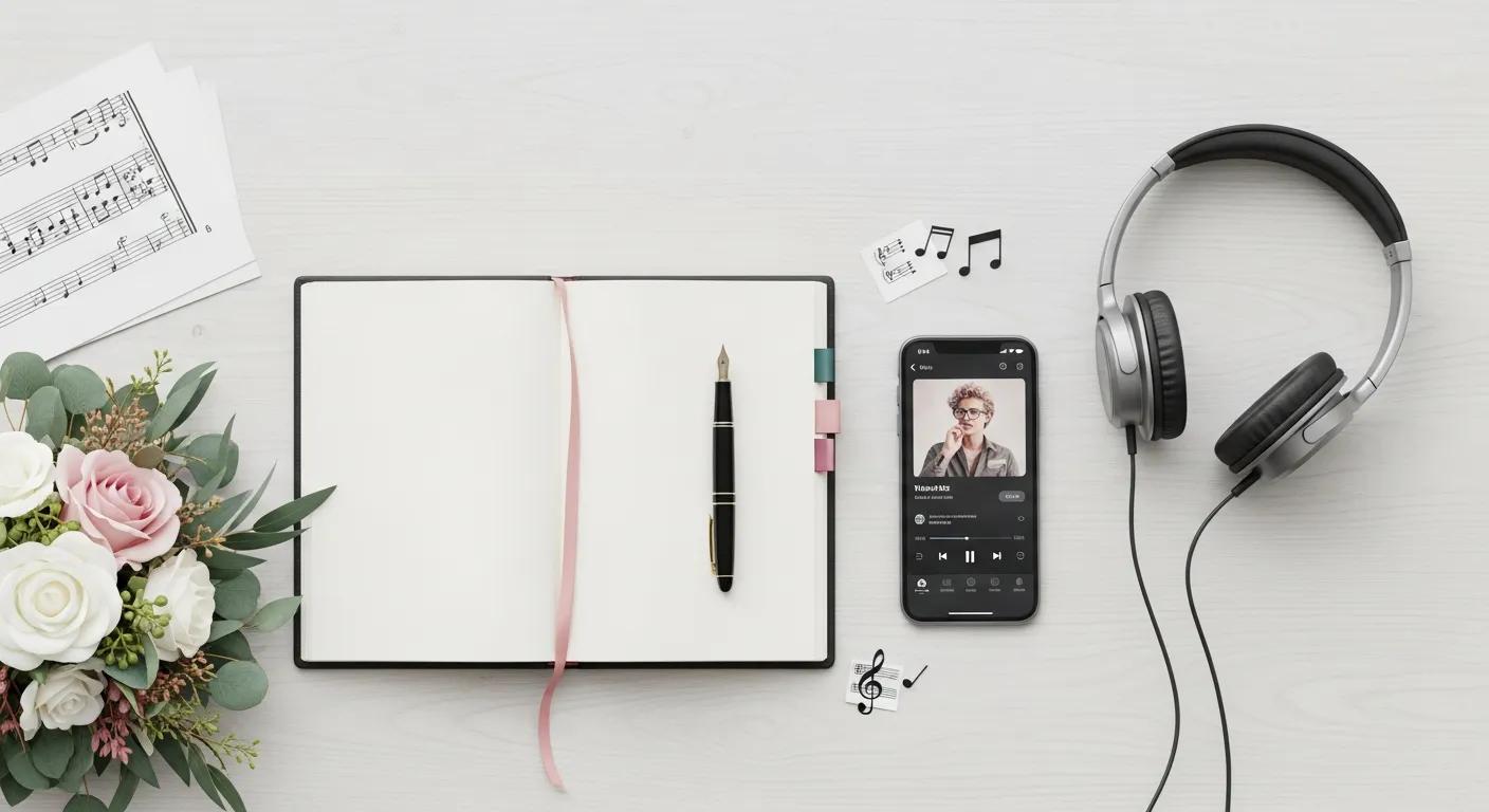 Wedding planning tools with music notes, floral arrangement, notebook, pen, and smartphone displaying a music app for personalized wedding entertainment.