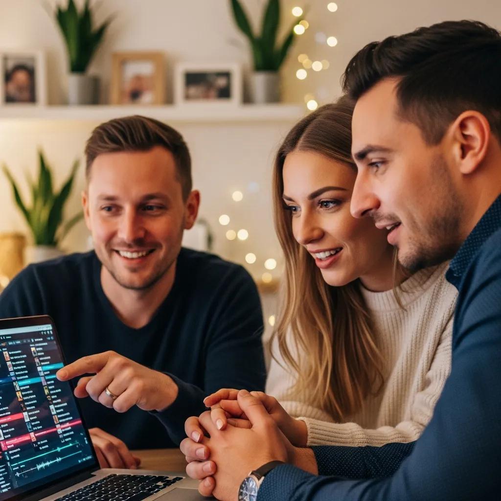 Couple collaborating with a DJ on personalized wedding playlist during planning session, focused on laptop screen displaying music options.