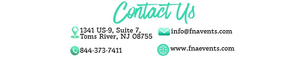 Contact information for FNA Events, including address, phone number, email, and website, designed for event planning inquiries.