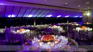 Elegant wedding reception setup featuring round tables adorned with floral centerpieces and ambient purple lighting, ideal for events at venues like the New Jersey Wedding Expo and Wind Creek Bridal Show.