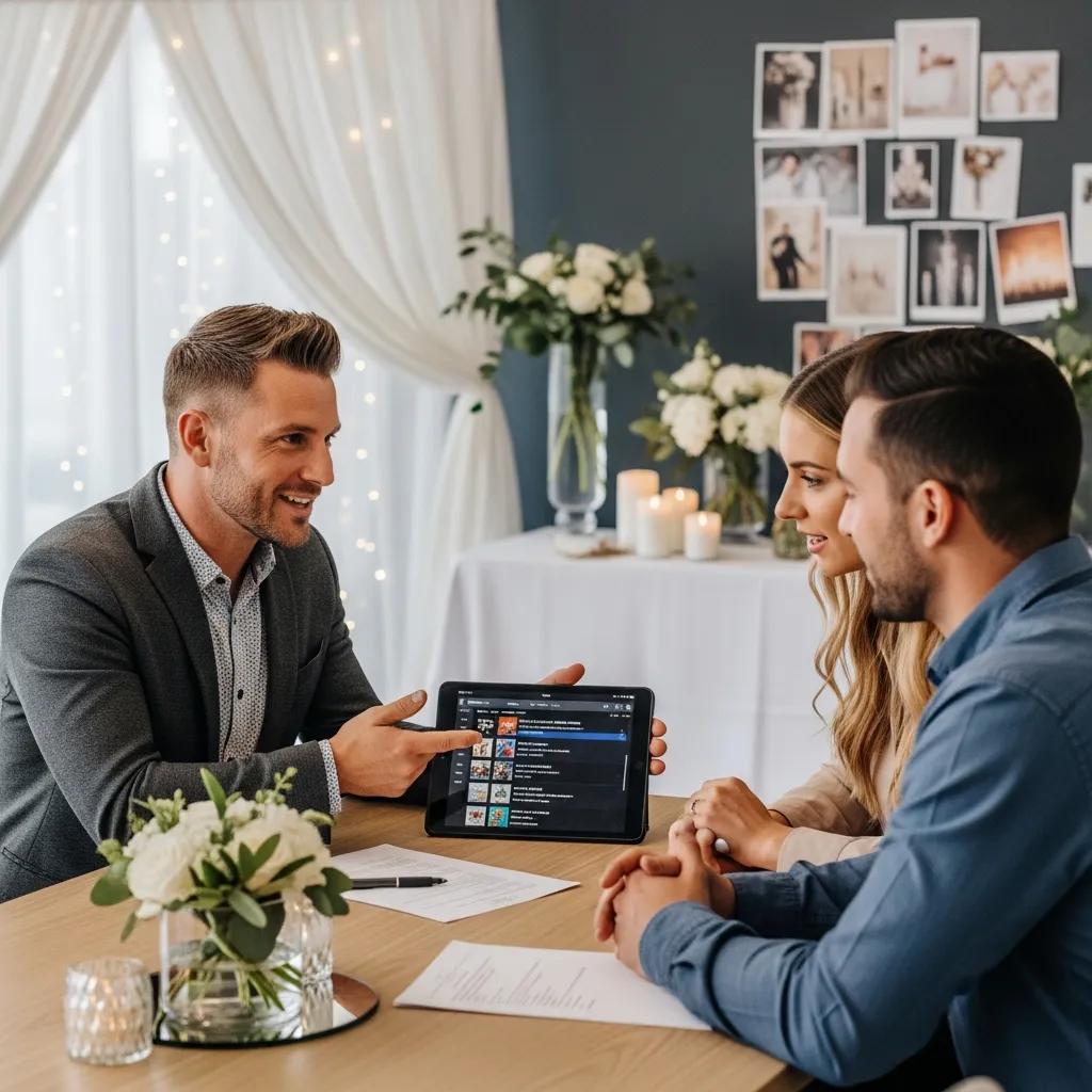 DJ from Fresh New Angle Events consulting with a couple about their wedding music