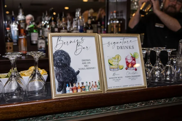 Bernie’s Bar sign and signature drinks menu