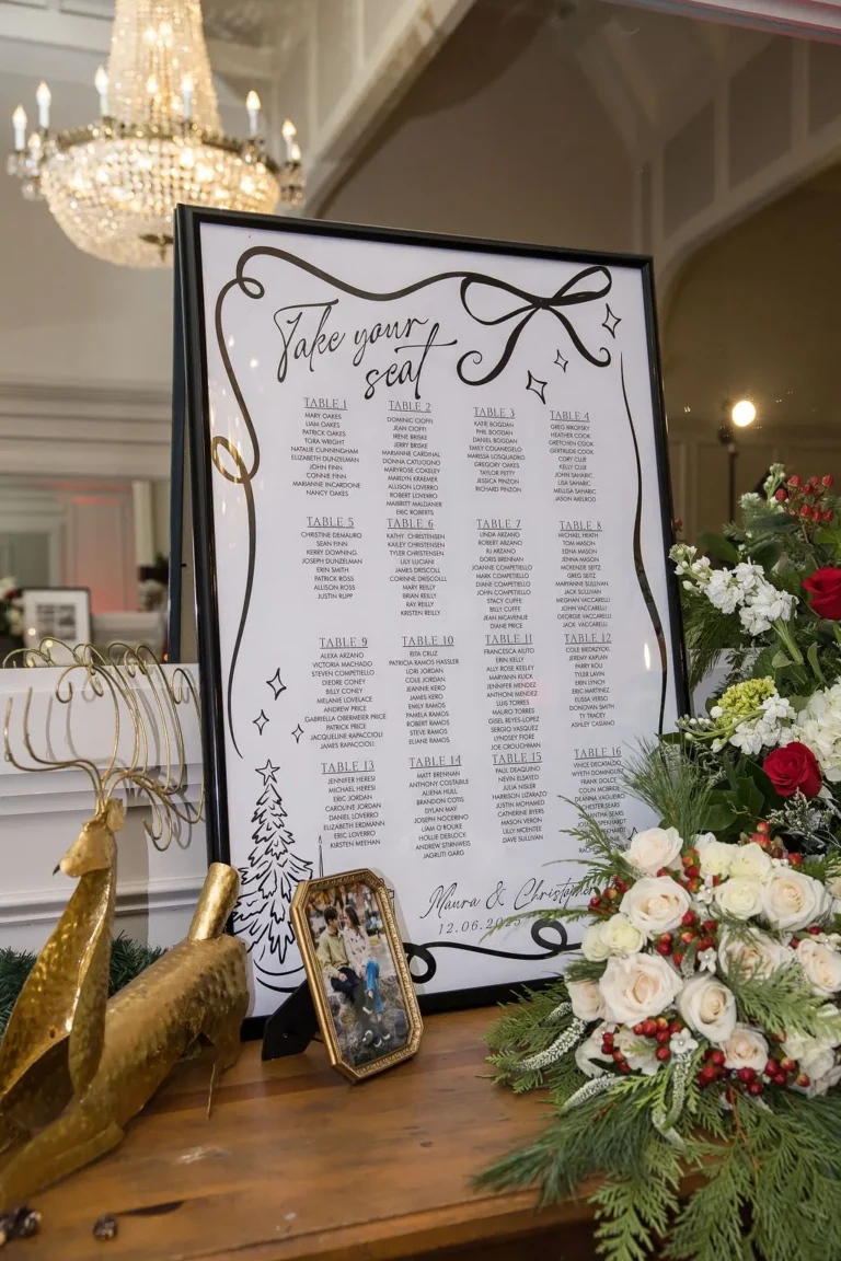Seating chart display with red and white florals