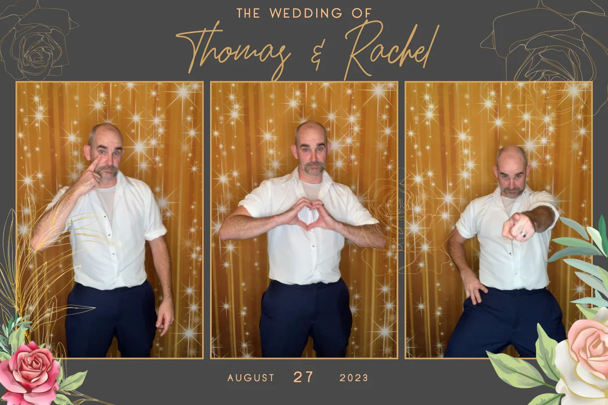 Photo booth print with a custom Thomas & Rachel wedding template from an FNA Events booth